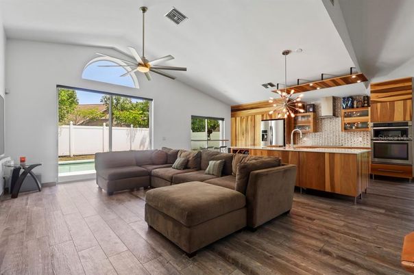 Interior, Kitchen, Living room, Pendant Lights, Stainless Steel Appliances, Wood Texture Flooring