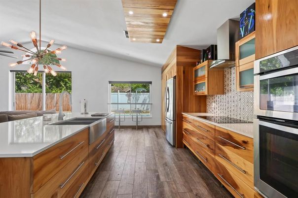 Interior, Kitchen, Pendant Lights, Recessed Lighting, Stainless Steel Appliances, Wooden Ceilings, Wood Texture Flooring