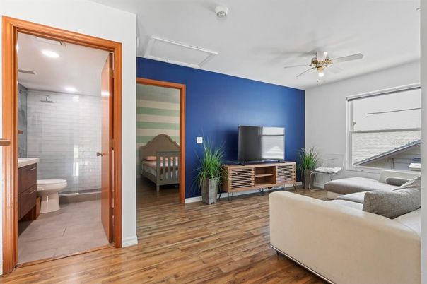 Bathroom, Bedroom, Interior, Living room, Recessed Lighting, Wood Texture Flooring