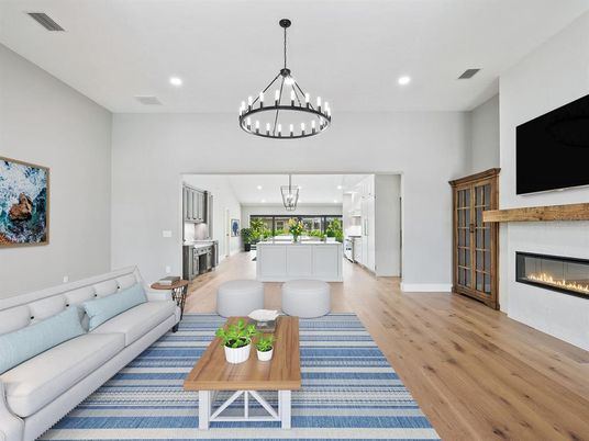 Fireplace, Interior, Living room, Pendant Lights, Recessed Lighting, Wood Texture Flooring