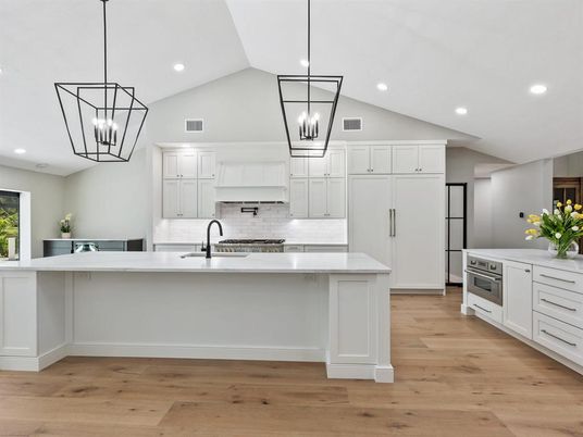 Interior, Kitchen, Pendant Lights, Recessed Lighting, Wood Texture Flooring