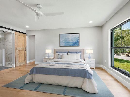 Bedroom, Interior, Recessed Lighting, Wood Texture Flooring
