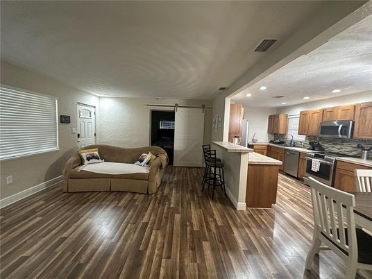 Interior, Kitchen, Recessed Lighting, Wood Texture Flooring