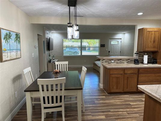 Dining room, Interior, Pendant Lights, Recessed Lighting, Wood Texture Flooring