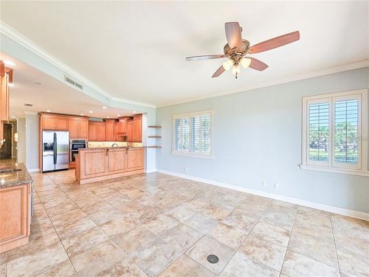 Empty room, Interior, Kitchen, Recessed Lighting, Stainless Steel Appliances