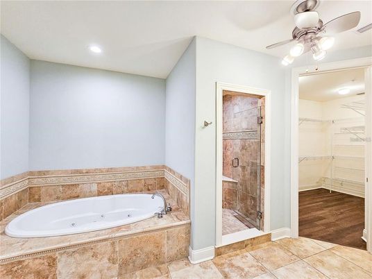 Bathroom, Glass Shower, Interior, Recessed Lighting, Wood Texture Flooring