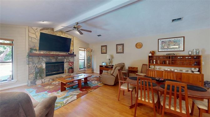 Dining room, Fireplace, Interior, Living room, Stone Walls, Wood Texture Flooring