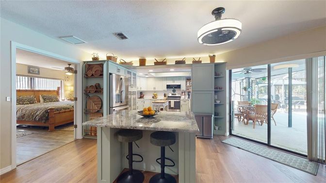 Bedroom, Dining room, Interior, Kitchen, Stainless Steel Appliances, Wood Texture Flooring