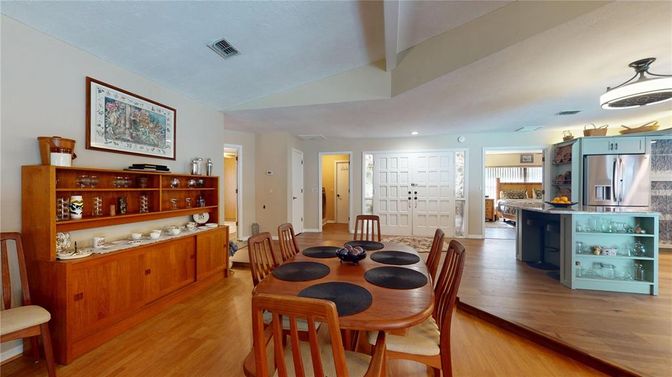 Dining room, Interior, Kitchen, Recessed Lighting, Stainless Steel Appliances, Wood Texture Flooring