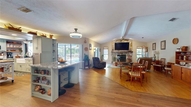 Dining room, Fireplace, Interior, Kitchen, Living room, Wood Texture Flooring