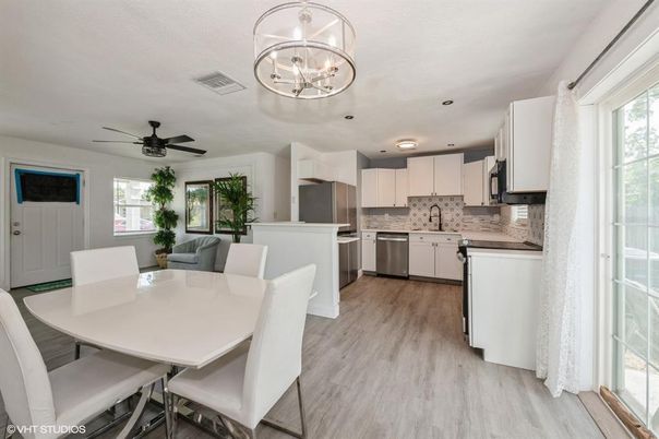 Dining room, Interior, Kitchen, Stainless Steel Appliances, Wood Texture Flooring