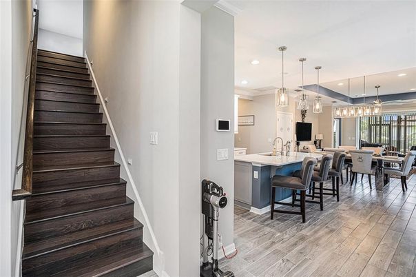 Dining room, Interior, Pendant Lights, Recessed Lighting, Wood Texture Flooring