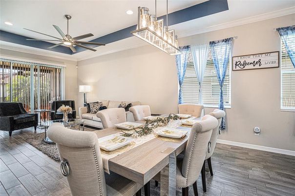 Dining room, Interior, Living room, Pendant Lights, Recessed Lighting, Wood Texture Flooring