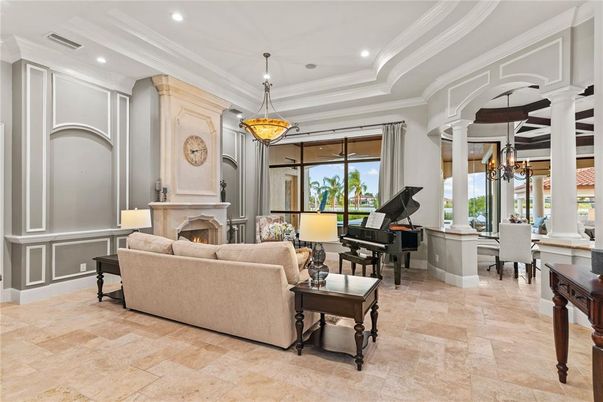 Chandelier, Dining room, Fireplace, Interior, Living room, Pendant Lights, Piano, Recessed Lighting
