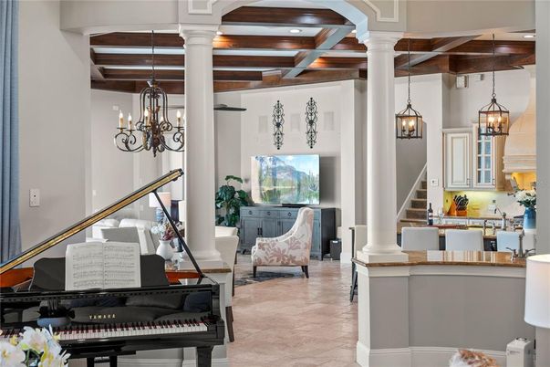 Chandelier, Interior, Pendant Lights, Piano, Recessed Lighting, Wooden Beams