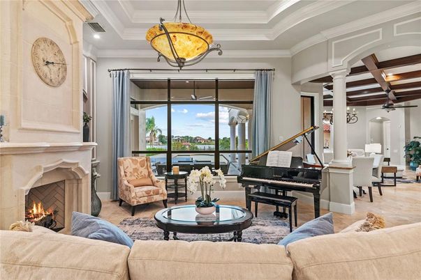 Fireplace, Interior, Living room, Pendant Lights, Piano, Recessed Lighting, Water