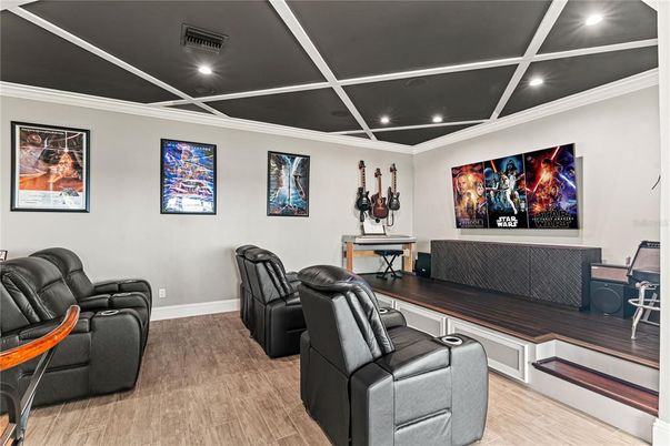 Home Theatre Room, Interior, Recessed Lighting, Theatre Room, Wood Texture Flooring