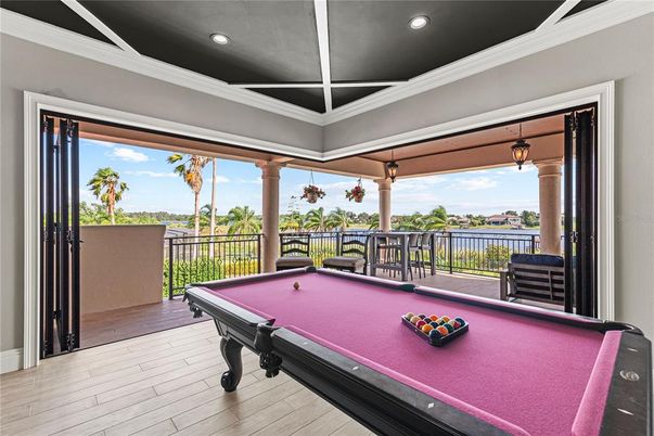 Billiard Table, Game Room, Interior, Recessed Lighting, Water, Wood Texture Flooring