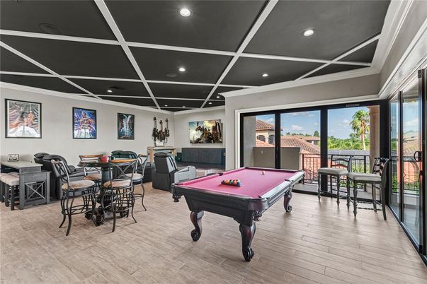 Billiard Table, Game Room, Interior, Recessed Lighting, Wood Texture Flooring