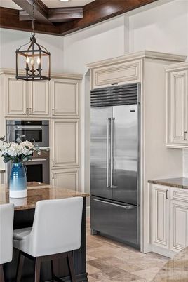 Interior, Kitchen, Pendant Lights, Stainless Steel Appliances, Wooden Beams, Wood Texture Flooring