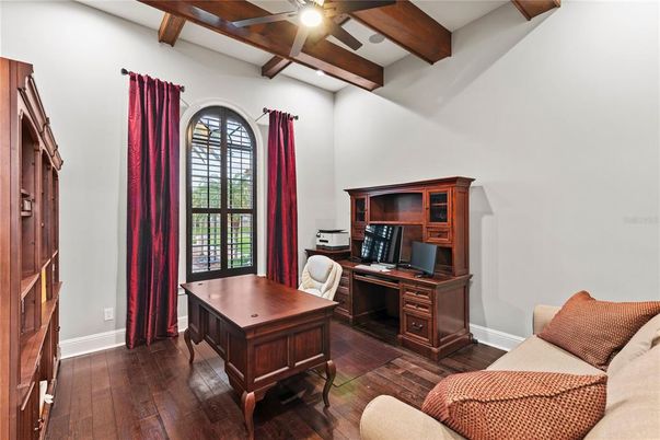 Home Office, Interior, Recessed Lighting, Wooden Beams, Wood Texture Flooring
