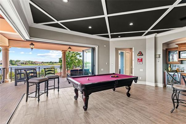 Billiard Table, Game Room, Interior, Recessed Lighting, Water, Wood Texture Flooring