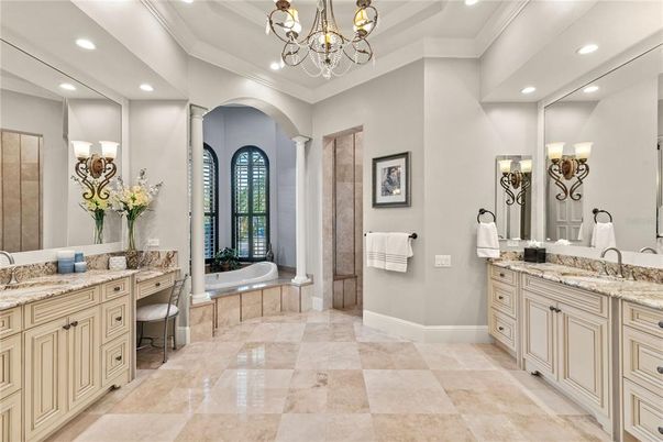 Bathroom, Chandelier, Dual Sink Vanities, Interior, Recessed Lighting