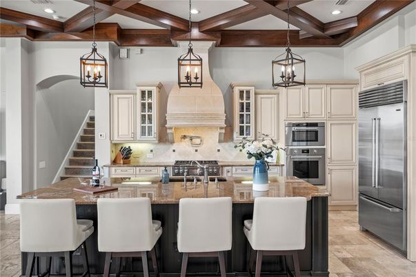 Interior, Kitchen, Pendant Lights, Recessed Lighting, Stainless Steel Appliances, Wooden Beams