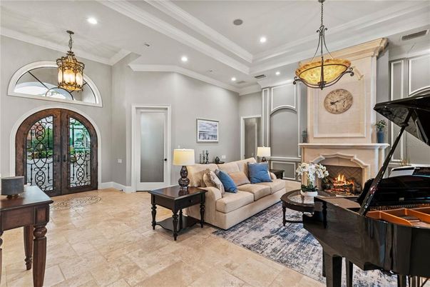Fireplace, Interior, Living room, Pendant Lights, Piano, Recessed Lighting