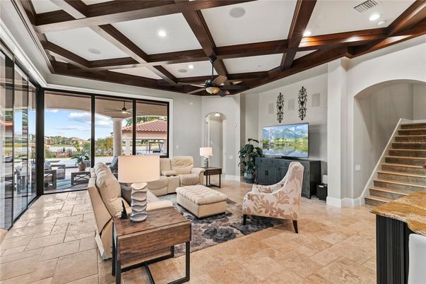 Interior, Living room, Recessed Lighting, Wooden Beams