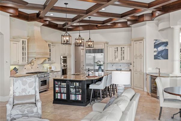 Interior, Kitchen, Pendant Lights, Recessed Lighting, Stainless Steel Appliances, Wooden Beams