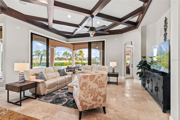 Interior, Living room, Recessed Lighting, Wooden Beams