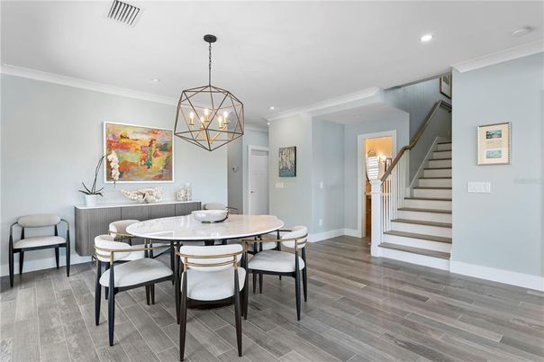 Dining room, Interior, Pendant Lights, Recessed Lighting, Wood Texture Flooring