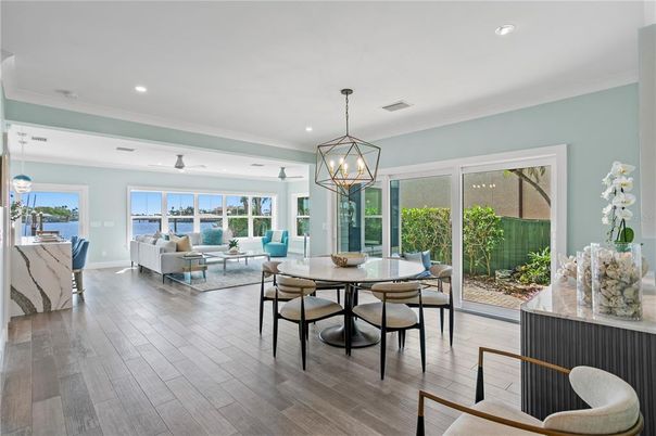 Dining room, Interior, Living room, Pendant Lights, Recessed Lighting, Water, Wood Texture Flooring