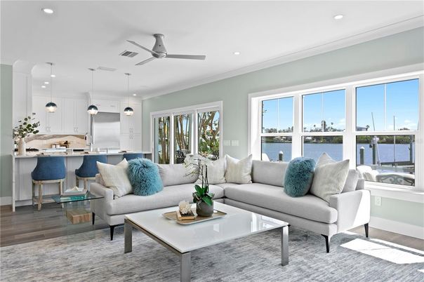 Interior, Kitchen, Living room, Pendant Lights, Recessed Lighting, Water, Wood Texture Flooring