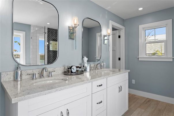 Bathroom, Dual Sink Vanities, Interior, Recessed Lighting, Wood Texture Flooring