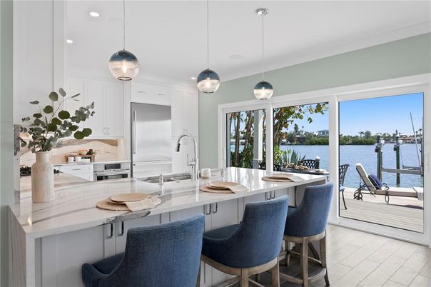 Interior, Kitchen, Pendant Lights, Recessed Lighting, Stainless Steel Appliances, Water, Wood Texture Flooring