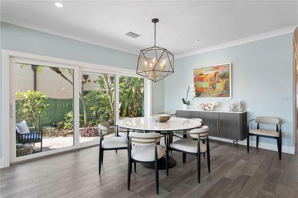 Chandelier, Dining room, Interior, Pendant Lights, Recessed Lighting, Wood Texture Flooring