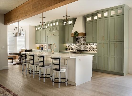 Dining room, Interior, Kitchen, Pendant Lights, Recessed Lighting, Wooden Beams, Wood Texture Flooring