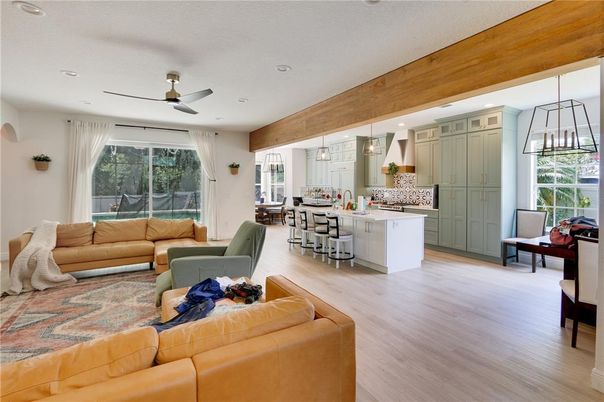 Dining room, Interior, Kitchen, Living room, Pendant Lights, Recessed Lighting, Wooden Beams, Wood Texture Flooring