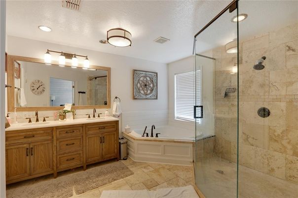 Bathroom, Dual Sink Vanities, Glass Shower, Interior, Recessed Lighting