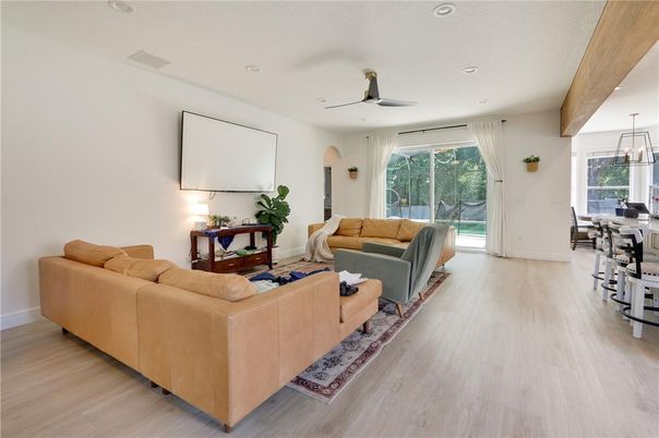 Dining room, Interior, Living room, Pendant Lights, Recessed Lighting, Wooden Beams, Wood Texture Flooring