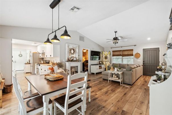 Dining room, Fireplace, Interior, Kitchen, Living room, Pendant Lights, Recessed Lighting, Wood Texture Flooring