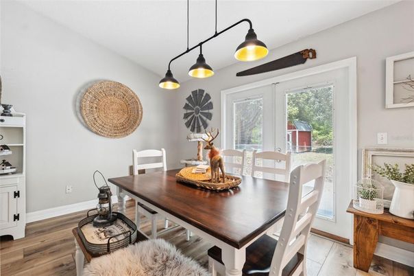 Dining room, Interior, Pendant Lights, Wood Texture Flooring