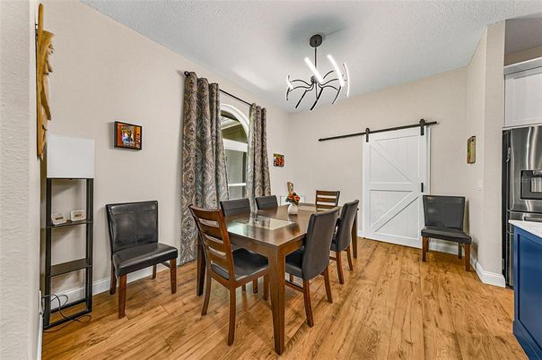 Chandelier, Dining room, Interior, Wood Texture Flooring