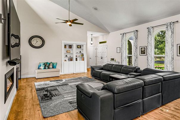 Fireplace, Interior, Living room, Pendant Lights, Wood Texture Flooring