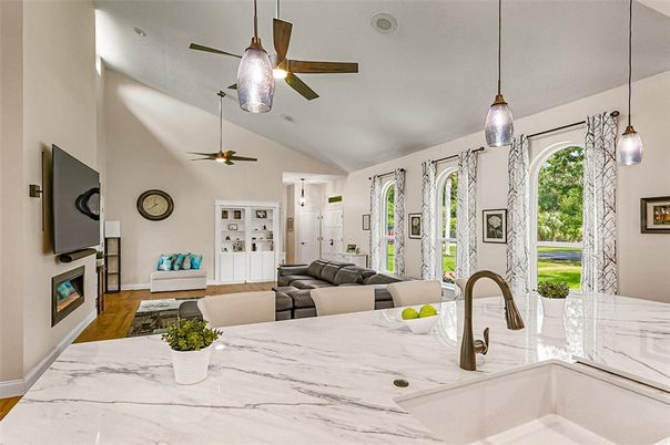 Fireplace, Interior, Living room, Pendant Lights, Wood Texture Flooring