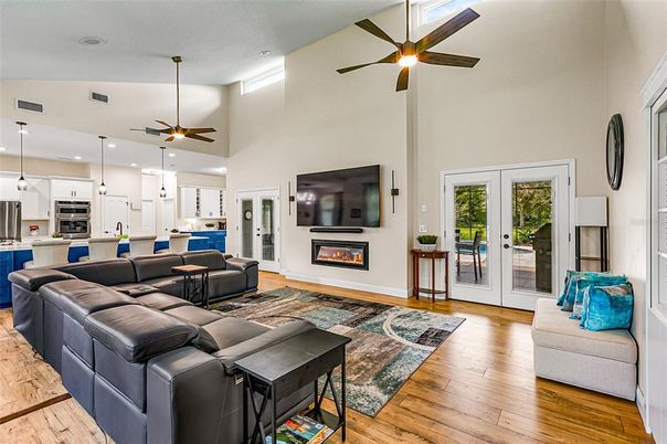 Fireplace, Interior, Kitchen, Living room, Pendant Lights, Recessed Lighting, Wood Texture Flooring