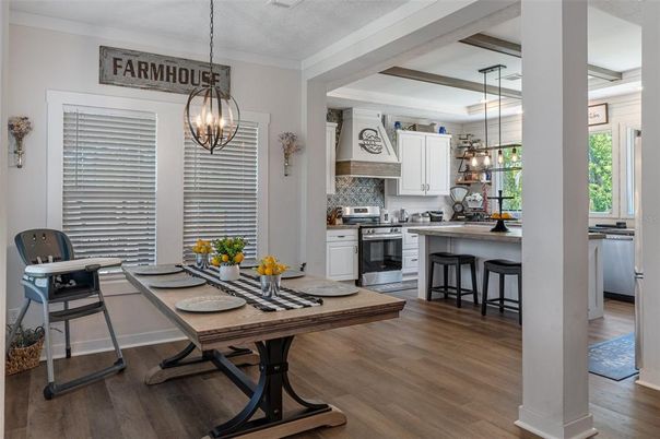Chandelier, Interior, Kitchen, Pendant Lights, Stainless Steel Appliances, Wood Texture Flooring