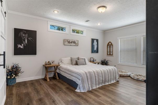 Bedroom, Interior, Recessed Lighting, Wood Texture Flooring